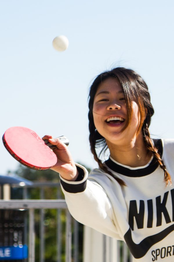 Yurie Murase hits the ball during a game of table tennis the Ping Pong Club hosted on Thursday, Feb. 7, 2019, at City College in Santa Barbara, Calif.