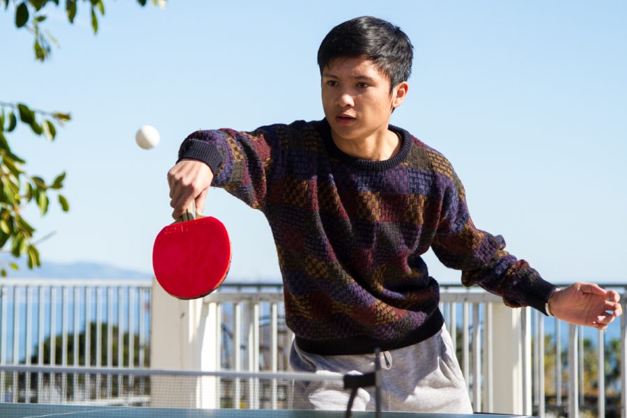 Paolo Pedrigal hits the ball during a game of table tennis the Ping Pong Club hosted on Thursday, Feb. 7, 2019, at City College in Santa Barbara, Calif. Pedrigal has been playing ping pong for six months now.