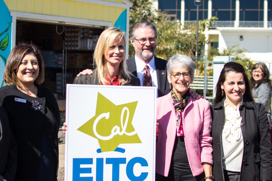 From left, Luz Reyes-Martin, Laura Capps, Anthony Beebe, Hannah-Beth Jackson, and Monique Limón pose for a photo on Friday, Feb. 22, 2019, outside the campus food pantry at City College in Santa Barbara, Calif. Capps, Beebe, Jackson, and Limón spoke about the California Earned Income Tax Credit For Me program, which focuses on helping students who aren’t making enough money to file for taxes.