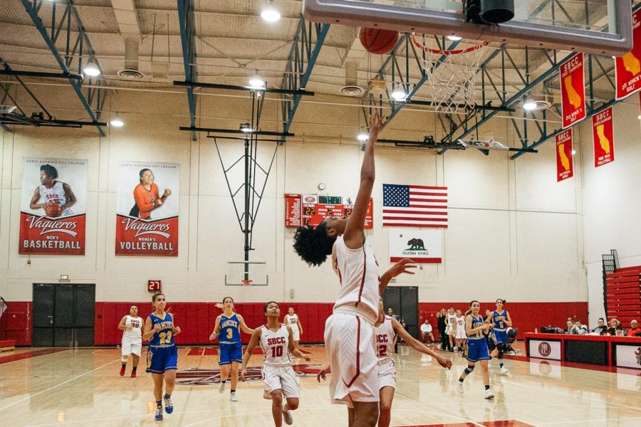 Meagan Moore leaps for two points during a game against Allan Hancock on Thursday, Feb. 19, 2019, at La Playa Stadium at City College in Santa Barbara, Calif.