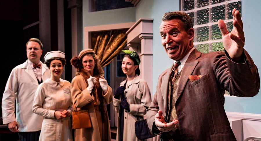 From left, Sean Jackson, Madison Widener, Nita June Davanzo, Elaine Wagstaffe, and Raymond Wallenthin pose during rehearsal for the performance of “HARVEY” at the Garvin Theater at City College in Santa Barbara, Calif. Photos courtesy of Ben Crop.