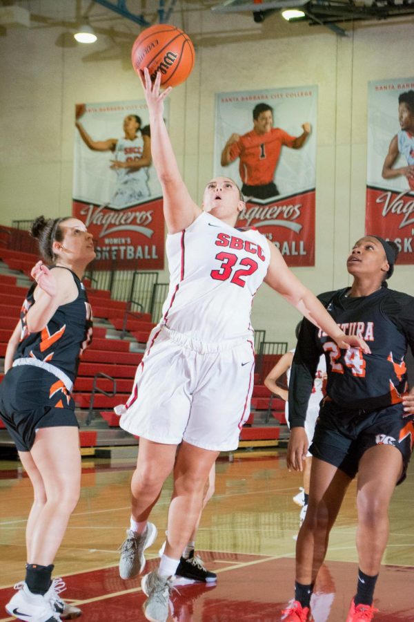 Aaliyah Pauling (No. 32) jumps to make her first basket of the game against the Ventura Pirates with Madison Cvijanovich (No. 12) on her left, and Ladaesha Merriweather (No. 24) on her right, on Saturday Feb. 9, 2019, at City College in Santa Barbara, Calif. The Vaqueros lost to Ventura 69-58.