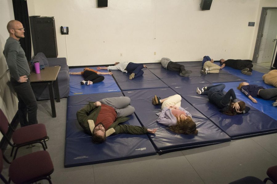 Professor Matthew Talbott leads the Voice and Diction class in a breathing exercise to help them prepare their voices on Feb. 11, 2019, in the Drama and Music Building at City College in Santa Barbara, Calif.