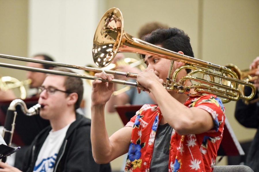 Douglas Swayne plays the bass trombone during the Lunchbreak Big Bands practice on Thursday Feb. 7 at City College in Santa Barbara, Calif. This was the bands last practice before their upcoming show at 7 p.m. Monday, Feb. 11 at the SoHo Restaurant and Music Club.
