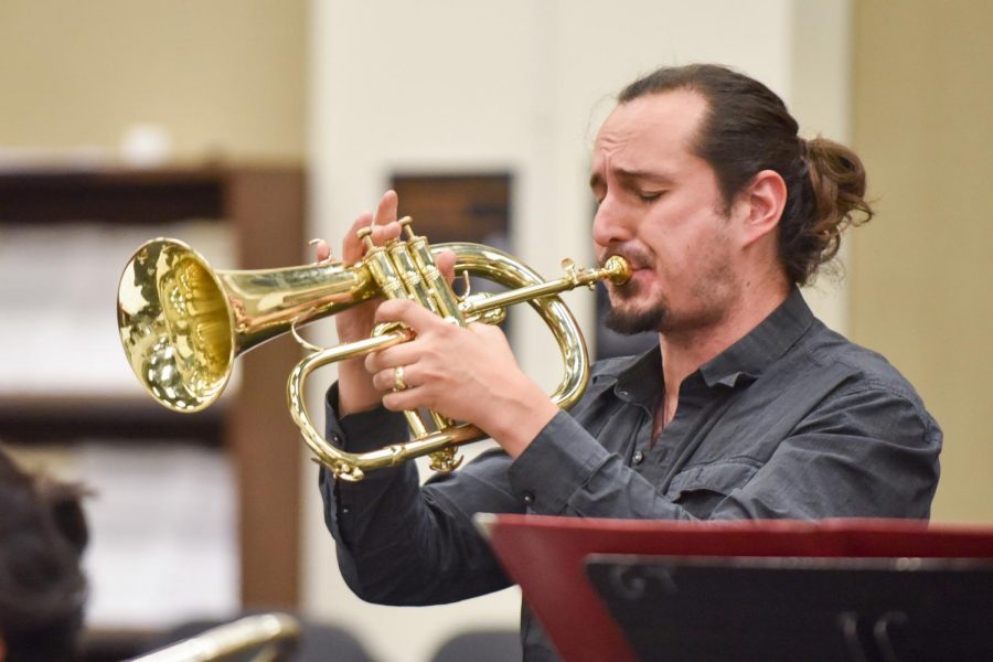 Douglas Swayne plays the cornet during the Lunchbreak Big Bands practice on Thursday Feb. 7 at City College in Santa Barbara, Calif. This was the bands last practice before their upcoming show at 7 p.m. Monday, Feb. 11 at the SoHo Restaurant and Music Club.