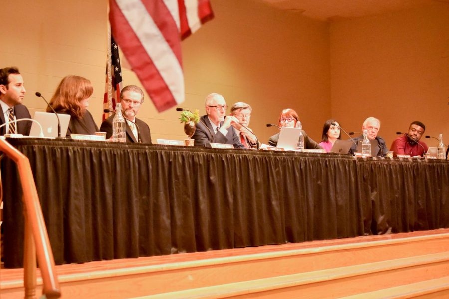 After the two-hour long public comment section, Trustee Robert Miller calls to move to the boards discussion of reinstating the Pledge of Allegiance on Thursday, Feb. 14, 2019, at The Wake Campus in Santa Barbara, Calif.