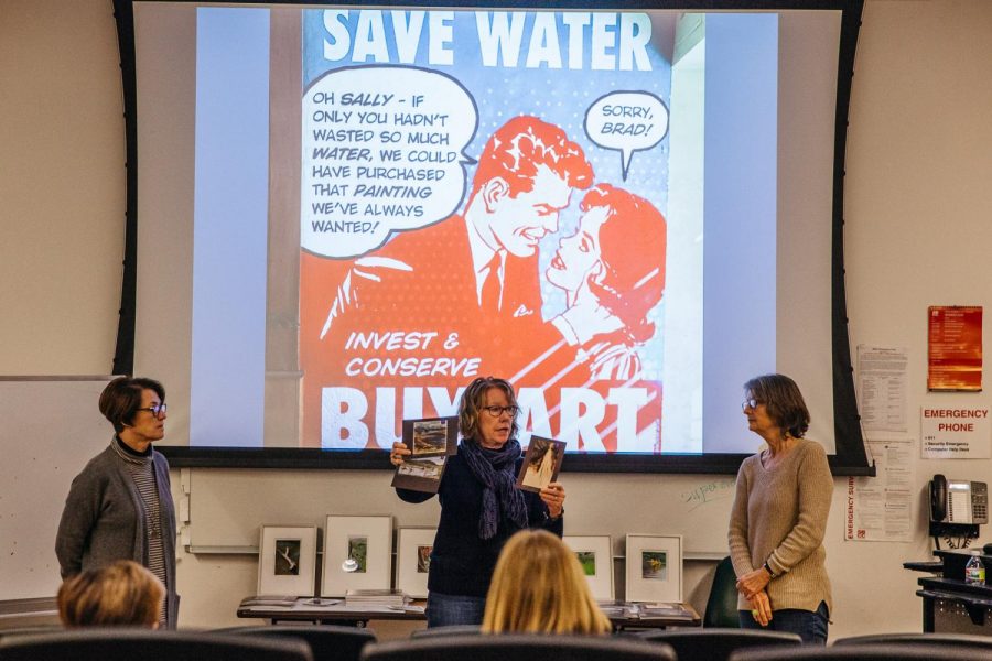 From left, artists Connie Connally, Libby Smith and Nina Warner conclude the Rose Compass Artists Panel on Friday, Feb. 22, 2019, in the Humanities building auditorium at City College in Santa Barbara, Calif. Artists involved discussed their processes and experiences of putting the project together.