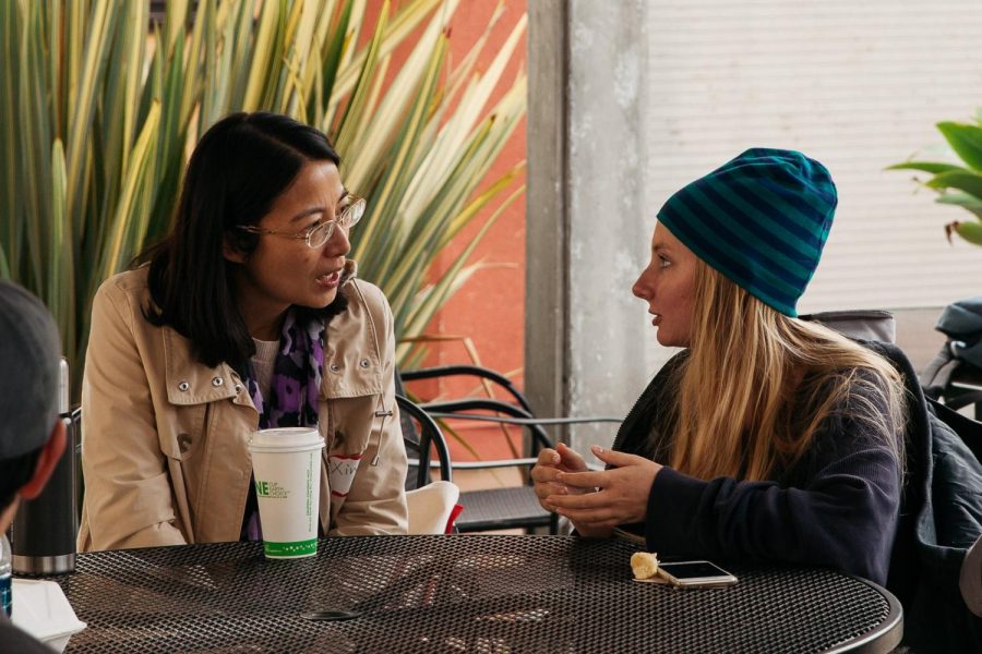 From left, ESL members Xin Zhang and Katenin Gunenberg discuss language at a group meeting on Thursday, Feb. 14, 2019, on east campus at City College in Santa Barbara, Calif. Members of ESL meet with a partner fluent in the language they intend to improve to practice speaking.
