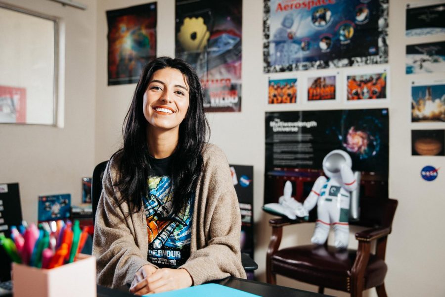 Bianca Vasquez poses for a portrait in her home office on Thursday, Feb. 21, 2019, at her apartment on the Mesa in Santa Barbara, Calif. Vasquez is the founder of the 18 Society of Women in Space Exploration clubs nationwide.