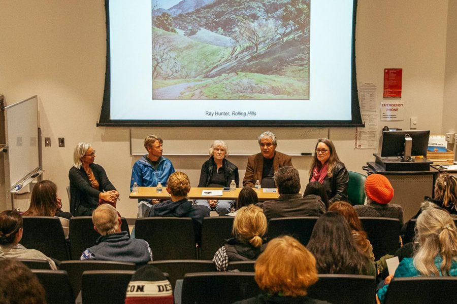 From left, Public Lands Advocate for Los Padres ForrestWatch Rebecca August sits among Oak Group artists Kevin Gleason, Marcia Burtt, Arturo Tello and Atkinson Gallery Director Sarah Cunningham for the “In Wilderness” artist panel discussion on Wednesday, Feb. 27, 2019, in the Humanities Building auditorium at City College in Santa Barbara, Calif. The artists involved discussed their relationships to painting and California landscapes.