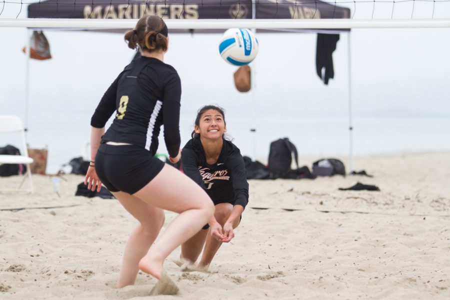 City College Vaquero Jacque Ortegon (No. 7) saves the ball from College of Marin on Tuesday, March 19, 2019, at East Beach in Santa Barbara. Ortegon and her teammate Emma Esparza defeated Krista McKee and Amanda Proctor 21-11, 21-9.
