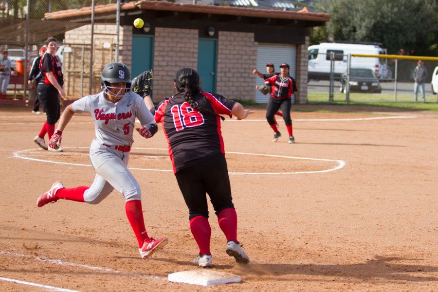 Vaquero Emily LoneTree (No. 5) hustles down the first base line for an infield hit against L.A. Pierce on Friday, March 22, 2019, at Pershing Park in Santa Barbara, Calif. The Vaqueros defeated L.A. Pierce 8-0.