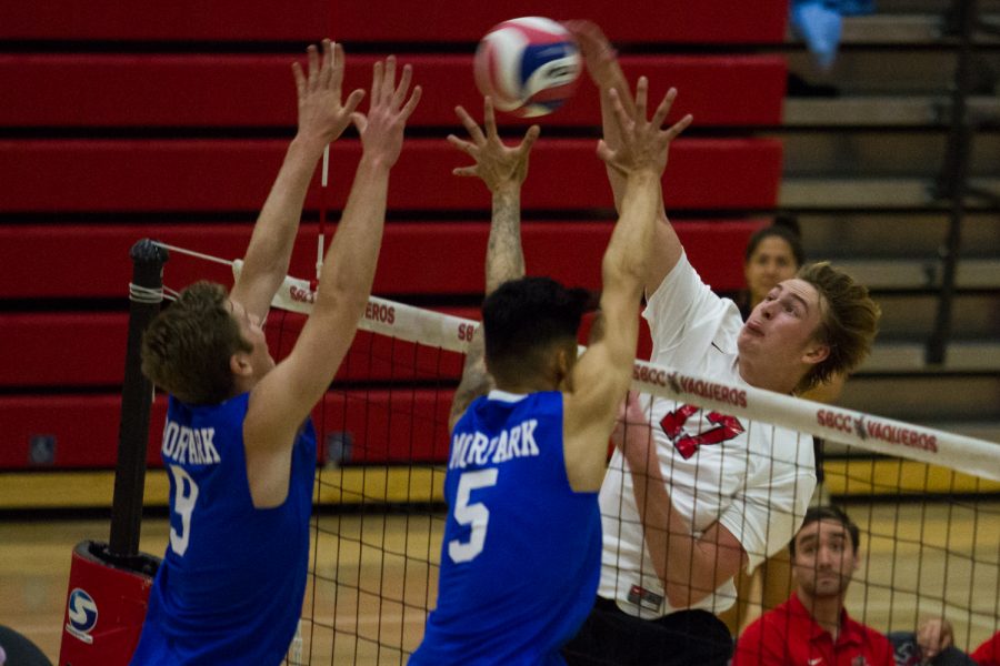 Vaquero right side hitter Blake Lockhart (No. 17) spikes the ball against Moorpark on Friday, March 22, 2019, inside the Sports Pavilion at City College in Santa Barbara, Calif. The Vaqueros beat the Raiders 3-1.
