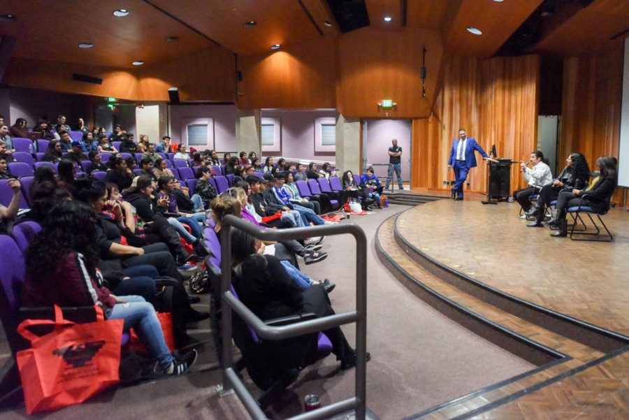 On the stage from left, Elias Serna, Lysa Flores and Sandra De La Losa answer questions from the audience during the Xicanx Culture Conference on Saturday, March 16, 2019, in the Business and Communication Forum at City College in Santa Barbara, Calif.