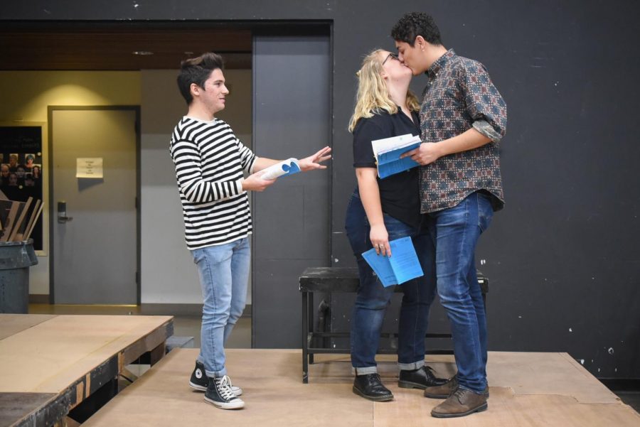 From left, Cristian Duarte, Aurora Gooch and Irving Sota rehearse for the upcoming play “Significant Other” on Friday, March 8 in the Jurkowitz Theatre at City College in Santa Barbara, Calif.