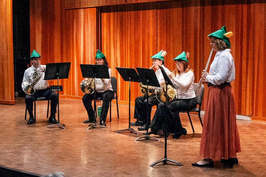 An ensemble of four french hornists and one flutist preform for the Chamber Winds performance on Sunday, March 10, 2019, in the Fe Bland Forum at City College in Santa Barbara, Calif.
