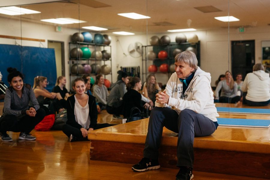 Kathy O’Connor concludes her self defense class on Monday, March 4 in the Physical Education Building Room 114. O’Connor teaches students techniques used in kick boxing and focused Mondays class on front kicks.