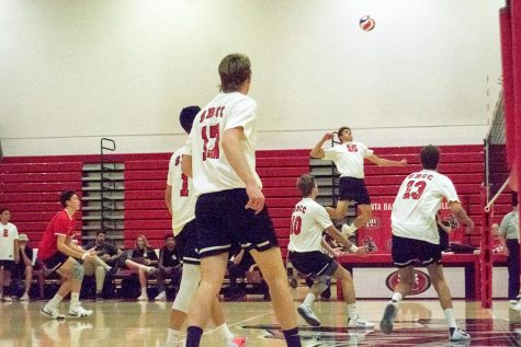 Outside hitter Trent Lingruen, (No.15), jumps to attack a set during the second game of the Vaquero’s match against Orange Coast on March 16, 2019 in the Sports Pavillion Gym at City College in Santa Barbara, Calif. The Vaqueros lost the match in 5 sets.
