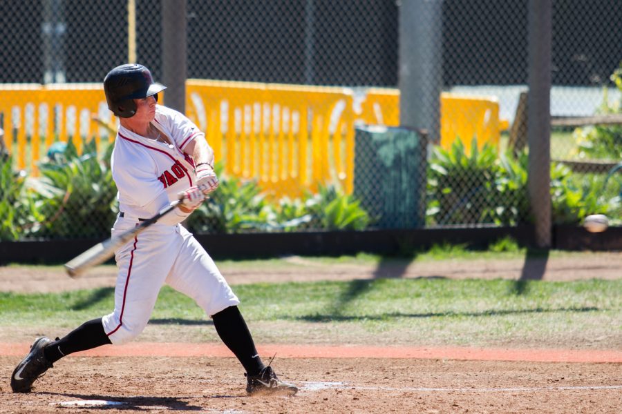 City College outfielder Patrick Caulfield hits the ball against L.A. Pierce College on Wednesday, April 17, 2019, at Pershing Park in Santa Barbara, Calif.