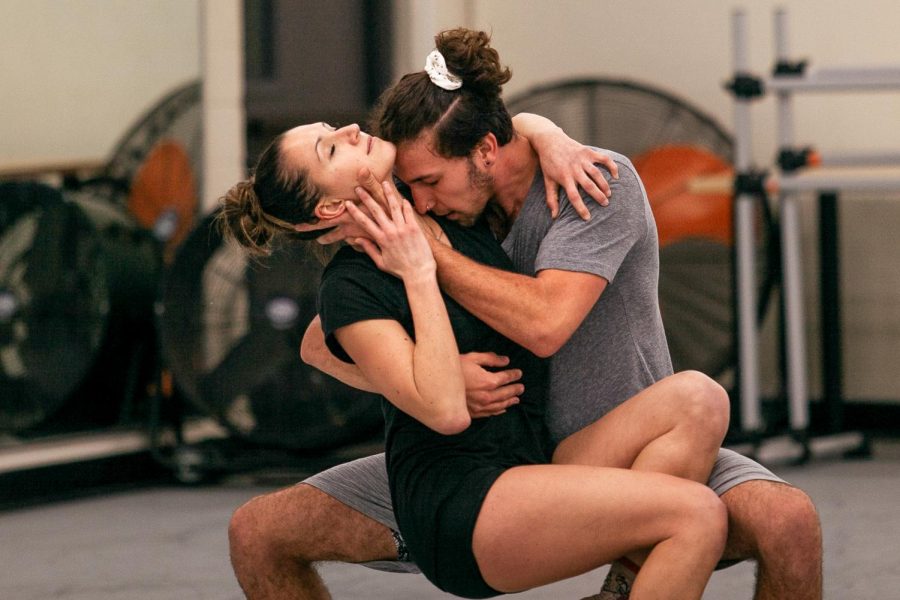 Dallin McComb and Katie Evans rehearse one of the six pieces to be featured in the SBCC Dance Company’s 2019 Dance Collective ten days prior to the recital on Tuesday, April 2, 2019, in the Sports Pavilion at City College in Santa Barbara Calif. McComb choreographed one of the pieces to be featured in the recital for the first time and feels very excited to see it preformed in front of friends and family.