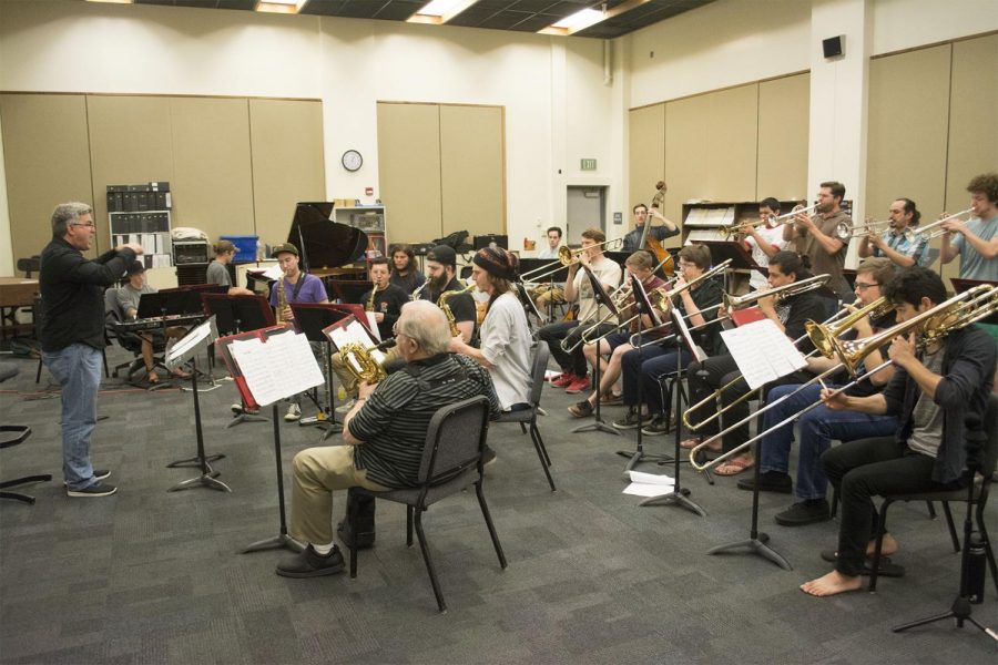 Students of SBCC’s Jazz Ensemble practice for their Big Band Blowout Concert happening Monday, April 22, 2019, in the Garvin Theater, on Thursday, April 18, 2019, in the Drama and Music Building Room 105 at City College in Santa Barbara, Calif.