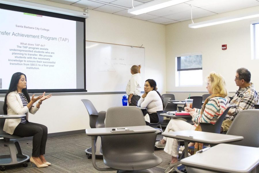 Jenny Erika Barco talks to possible future City College night students about the amenities the program will offer on Saturday, April 6, 2019 in the West Campus Center Room 121 at City College in Santa Barbara, Calif.