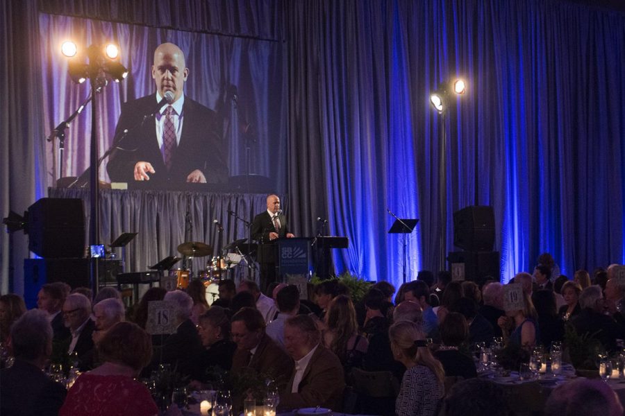 SBCC Foundation CEO Geoff Green speaks at the beginning of the Gala about what the event will consist of and the goals of the Foundation during their Inaugural Gala Fundraiser in the Sports Pavilion Gym on Saturday, April 27, 2019 at City College in Santa Barbara, Calif.