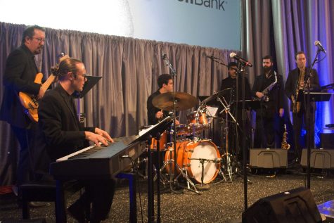 Members of SBCC’s Jazz Ensemble play live music while dinner is being served at the Inaugural SBCC Foundation Fundraiser Gala in the Sports Pavilion Gym on Saturday, April 27, 2019 at City College in Santa Barbara, Calif.