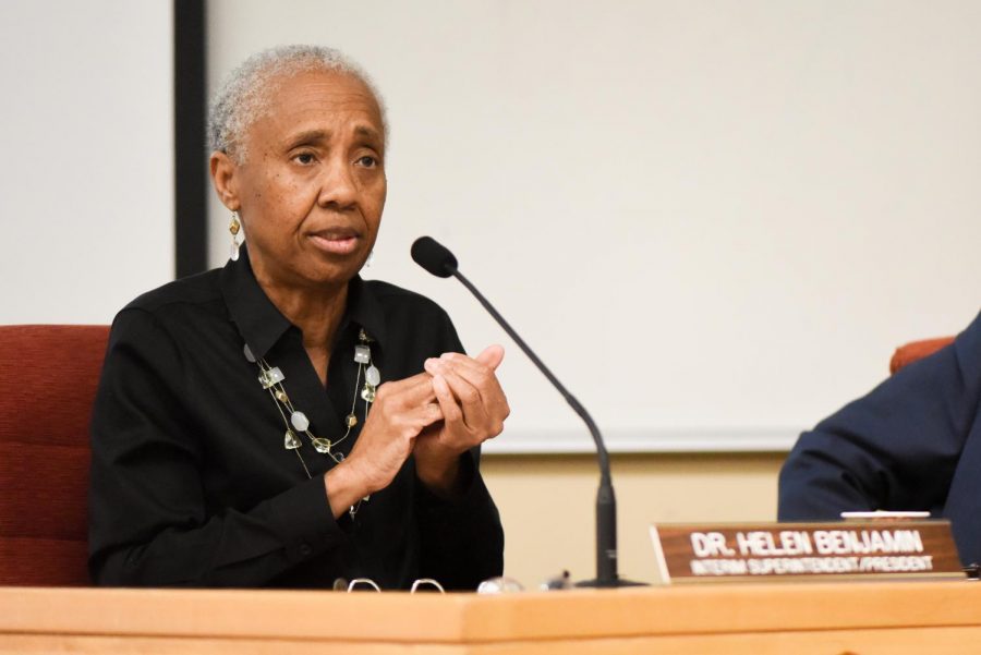 Interim superintendent-president Dr. Helen Benjamin speaks at a Board of Trustees meeting on Thursday, April 11, 2019, at City College in Santa Barbara, Calif.