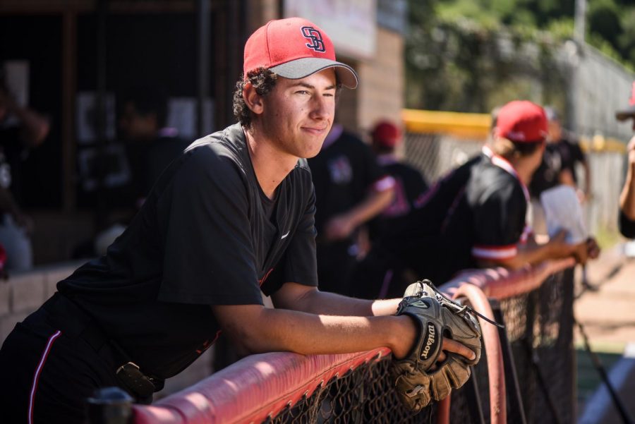City College pitcher Ian Churchill stands in the Pershing Park baseball field dugout before a game on Tuesday, April 9, 2019, in Santa Barbara, Calif.