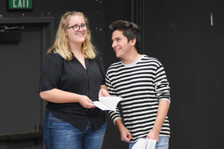 From left, co-stars Aurora Gooch and Christian Duarte rehearse for the play “Significant Other” on Friday, March 8, in the Jurkowitz Theatre at City College in Santa Barbara, Calif.