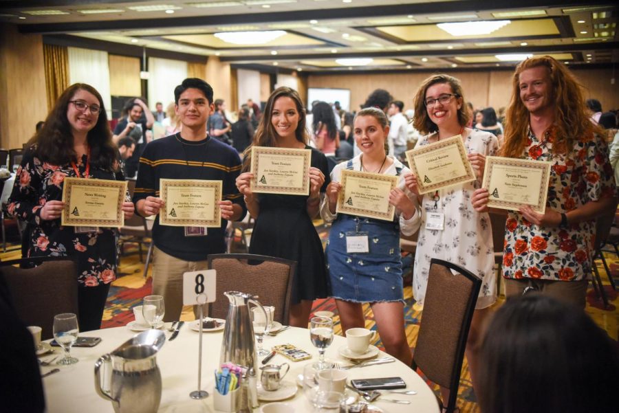 From left, Serena Guentz, Anthony Zapata, Lauren McGee, Jun Starkey, Elizabeth Saubestre and Nate Stephenson show off their awards on Saturday, March 30, 2019, at the DoubleTree Hilotn Hotel in Sacramento, Calif. (Photo by: John Thomas Rose)