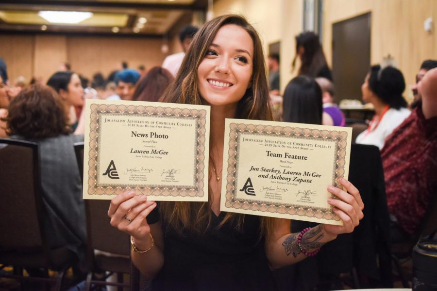 Lauren McGee shows off her awards at the end of the JACC conference on Saturday, March 30, 2019, at the DoubleTree Hilotn Hotel in Sacramento, Calif. (Photo by: Anthony Zapata)