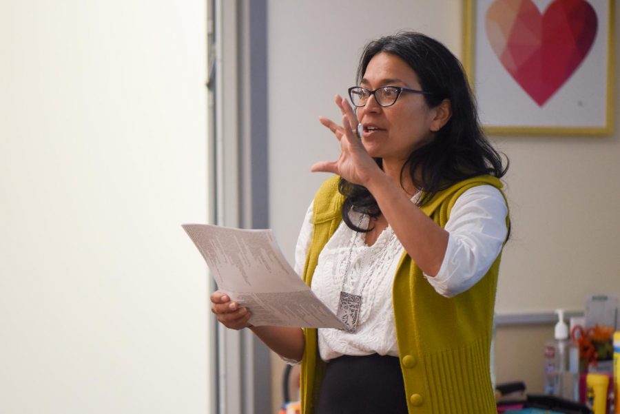 Melissa Menendez breaks down the literary techniques and impact of poetry written on current events during the lecture “Poetry as Political Expression” on Wednesday, April 17, 2019, in the West Campus Center Room 207 at City College in Santa Barbara, Calif.
