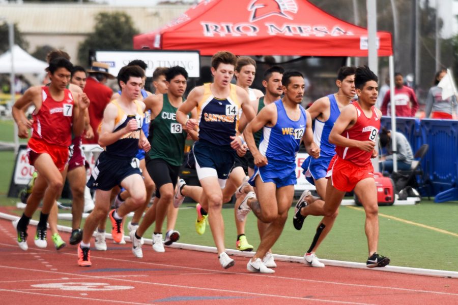 Athletes run in the mens 1500m race at the Western State Conference Preliminaries on Friday, April 19, 2019, at La Playa Stadium at City College, in Santa Barbara, Calif.