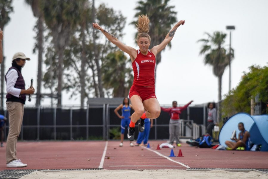 Alyssa Diaz of Bakersfield College, competes in the long jump event at the Western State Conference Preliminaries on Friday, April 19, 2019, at La Playa Stadium at City College, in Santa Barbara, Calif.