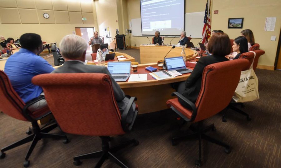 Gregory Koss speaks during the public comment section at a Board of Trustees meeting on Thursday, April 11, 2019, at City College in Santa Barbara, Calif.