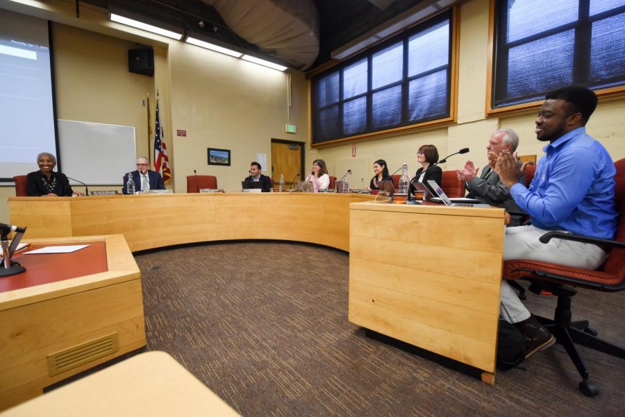 Trustees applaud to welcome Dr. Helen Benjamin as the interim superintendent-president at a Board of Trustees meeting on Thursday, April 11, 2019, at City College in Santa Barbara, Calif.