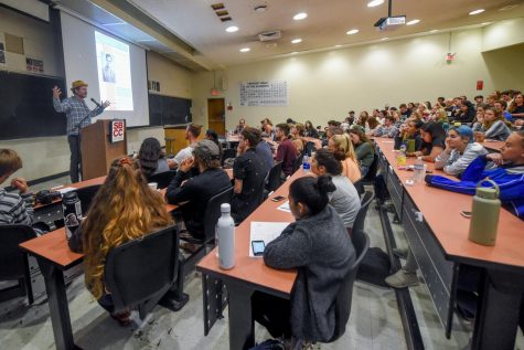 Rainn Wilson filled the 138 seat lecture hall and had a crowd of people waiting outside during his talk on Thursday, April 25, 2019, in the Physical Science Room 101 at City College in Santa Barbara, California.
