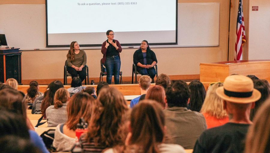 From left, Allie Scudelarl, Glory McGuigan, and Rossio Zavala Perez answer questions about their experiences in California State University's sign language interpreation program. The entire panel discussion was given in American Sign Language on Friday, April 12, 2019, in the MacDougall Administration Building Room 211 at City College in Santa Barbara Calif.