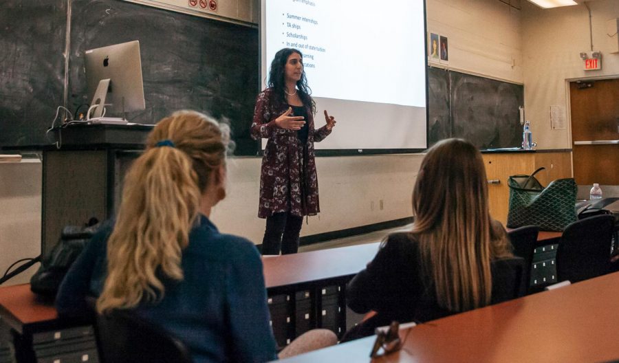 Jessica Kianmahd talks about genetic counseling as a career on Wednesday, April 10, 2019, in PS 101 at City College in Santa Barbara, Calif. Kianmahd talked to students about job opportunities and answered questions about the working in the field.