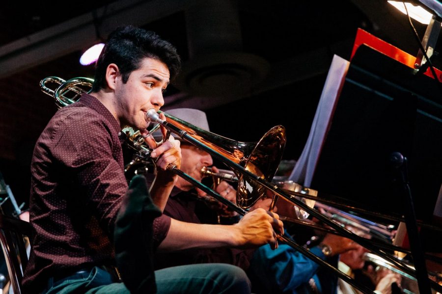 Douglas Swayne plays the trombone during The Ike Jenkins Legacy Concert by the SBCC Monday Madness Jazz Band on Monday, April 1, 2019, at the Soho Restaurant and Music Bar in Santa Barbara Calif. “We are playing really loud tonight, I hope it sounds good to the audience, my ears are definitely ringing.” Swayne said during a performance intermission.