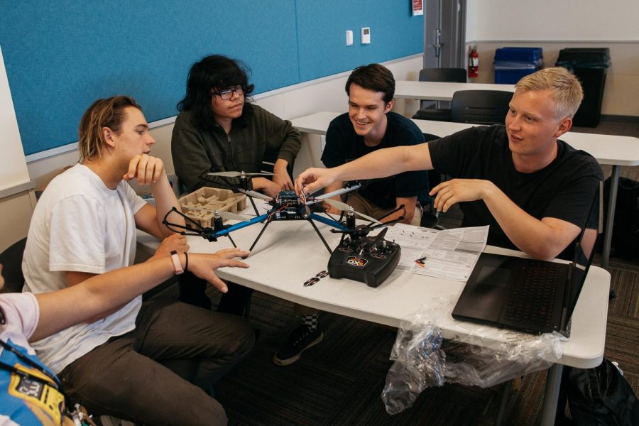 Students from the robotics club assemble a drone during a club meeting on Friday, April 12, 2019, in the West Campus Center Room 304 at City College in Santa Barbara Calif. The club has been assembling this drone for the past four weeks and intends to have it flying properly by Friday, April 19.