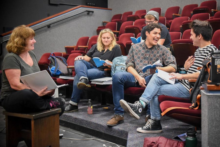 From left, Director Katie Laris and actors Aurora Gooch, Irving Soto and Christian Duarte, rehearse their lines for the play “Significant Other” on Friday, March 8, 2019, in the Jurkowitz Theatre at City College in Santa Barbara, Calif.