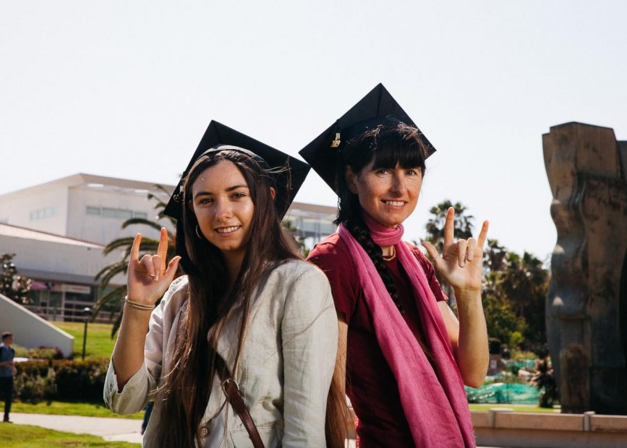 From left, Zela Goettler and her mother Mila Gaffney sign “I love you” on Thursday, May 2, 2019, on West Campus at City College in Santa Barbara, Calif. Both Goettler and Gaffney are graduating this semester with degrees in American Sign Language.