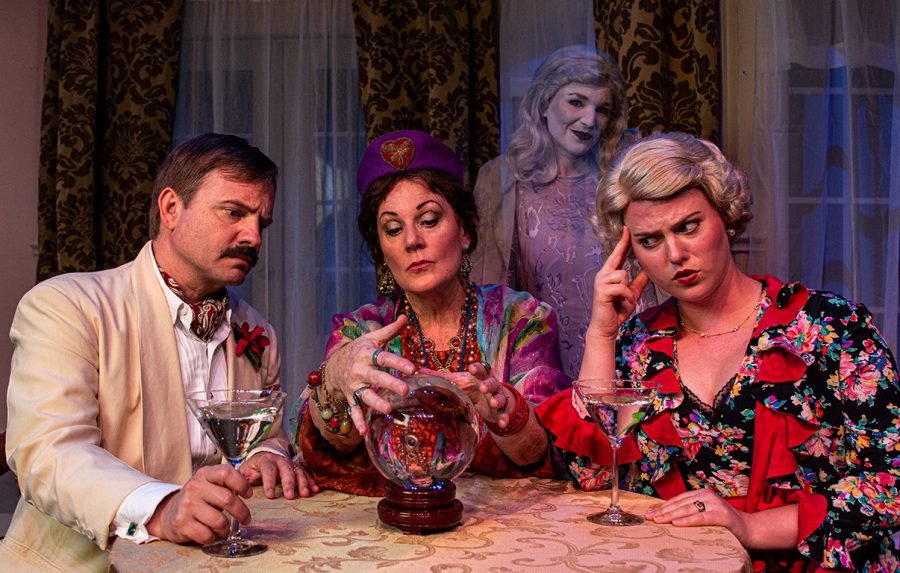 Oren Skoog, Leslie Ann Story, Courtney Schwass and Leesa Beck in The Theatre Group at SBCC’s production of BLITHE SPIRIT by Noel Coward, directed by R. Michael Gros. Photo Credit: Ben Crop