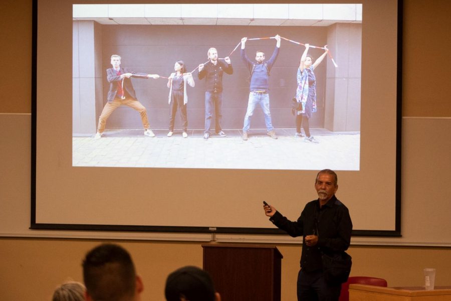 Harry Gamboa Jr. shares stories of achieving his goals during a lecture given to celebrate Hispanic Heritage Month on Wednesday, Sept. 11 2019, in Administration Room 211 at City College in Santa Barbara, Calif. Gamboa Jr., a Chicano essayist, photographer, director and performance artist has presented his work all over the world.