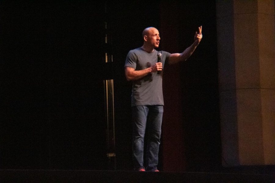 Kevin Hines teaches an audience of 150-200 people, that it's OK to ask for help and to never bottle up your emotions on Monday, Sept. 16, 2019, at The Marjorie Luke Theatre at  Santa Barbara Junior High in Santa Barbara, Calif. Hines is one of 25 survivors who jumped from the Golden Gate Bridge.