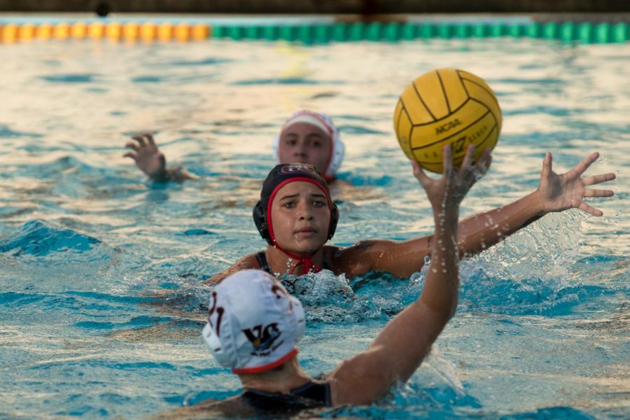 Taylor Brooks charges down Sierra Cameron before she can pass to a teammate on Wednesday, Sept. 25, 2019, at Santa Barbara High School in Santa Barbara, Calif. The Vaqueros came out with a 10-4 win against Ventura College.