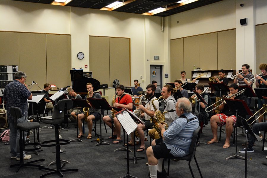 Conductor James Mooy guides the Lunch Break Band in one of their final rehearsals on Thursday, Sep. 12, 2019 in Room 105 of the Drama and Music Building on west campus at City College in Santa Barbara, Calif. The bands concert will take place at 7 p.m. on Saturday Sep. 14, 2019 at the Lobero Theater in Santa Barbara, Calif.